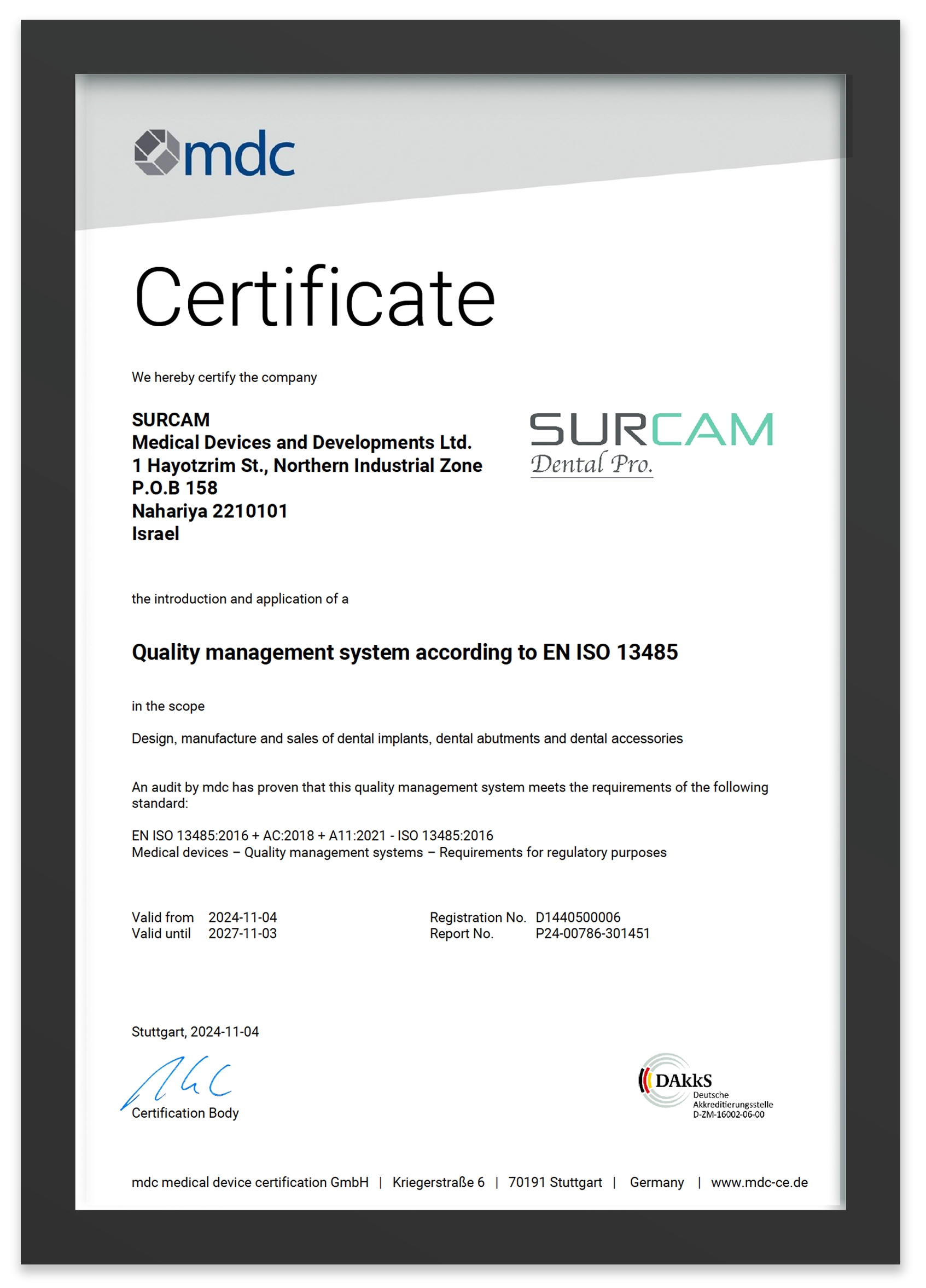 ISO 13485 certification document for Surcam Dental implant manufacturing quality management system