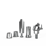 Surcam screw-retained multi-unit trial kit with angular abutment, analog, open-tray transfer, healing cap, and titanium sleeve