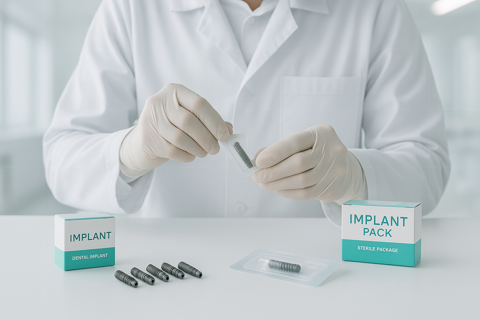 Professional dental implant clinic scene with a dentist or lab technician unboxing sterile titanium dental implants on a clean white table, subtle teal #04B9A4 product labels, modern lighting, sterile packaging, wide composition with soft overlay grid for precision, bright clinical background, minimal branding, professional medical aesthetic, Surcam Dental style.