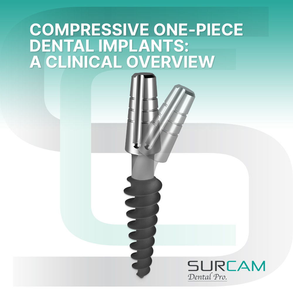 Illustration of a compressive one-piece dental implant showing integrated abutment design and bone compression threads.