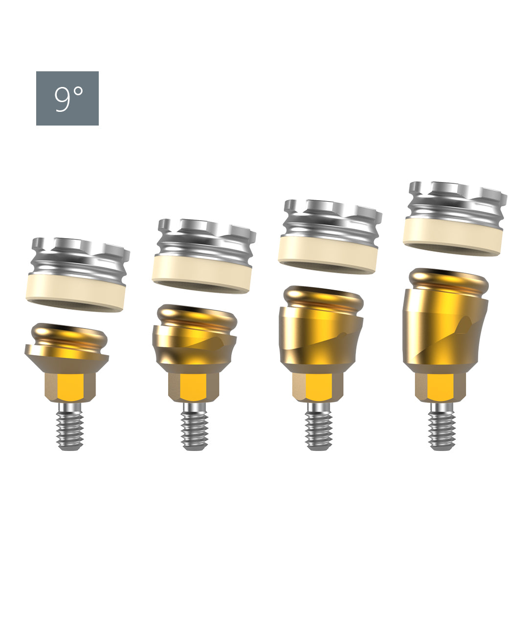 Angled overdenture attachment options 9°, 18°, 30°, 45° for divergence correction