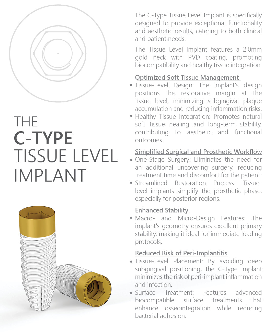 C-Type Dental implant with internal hexagon connection and gold neck