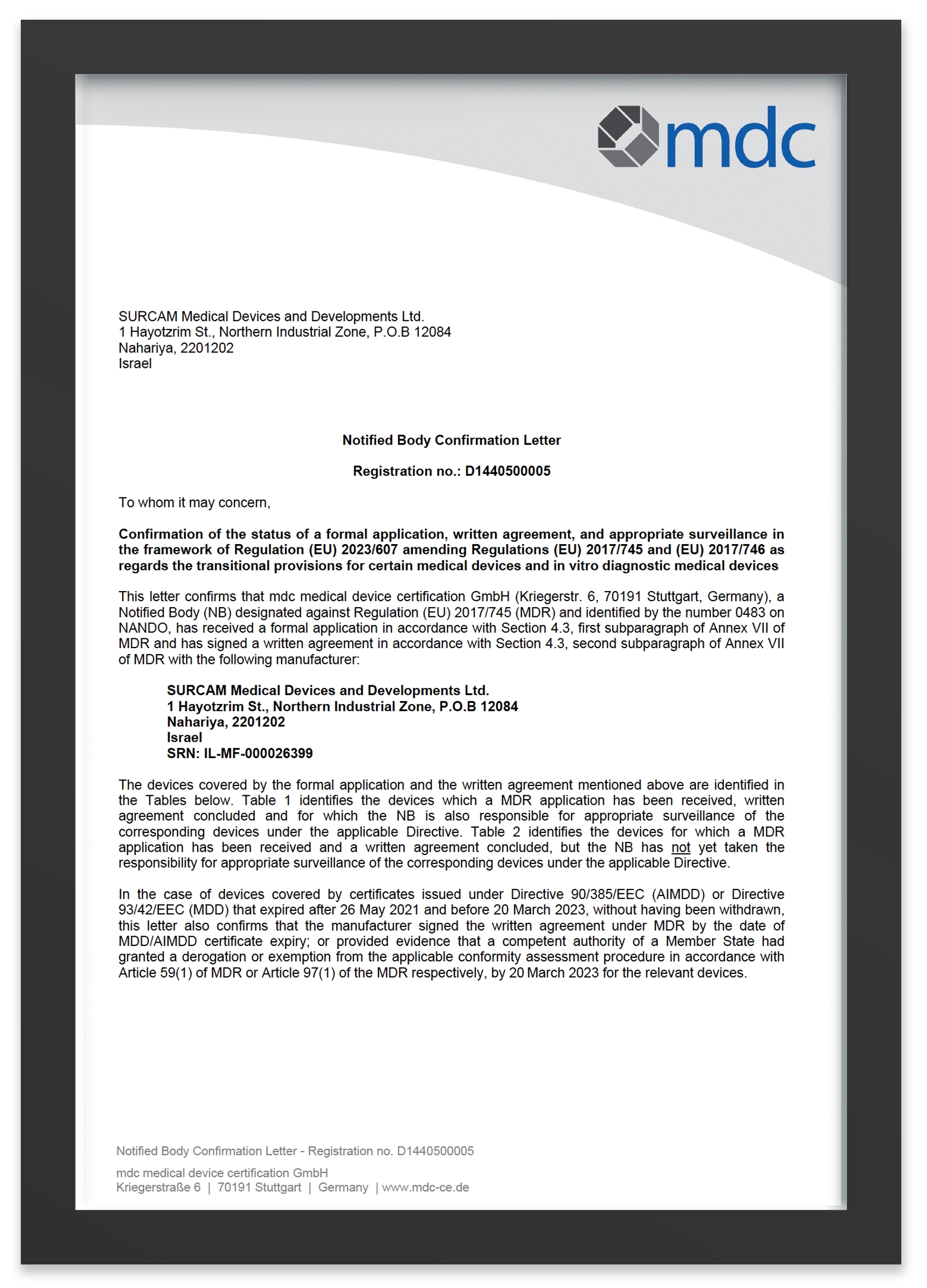 CE marking certificate showing European conformity of Surcam Dental implant systems and abutments