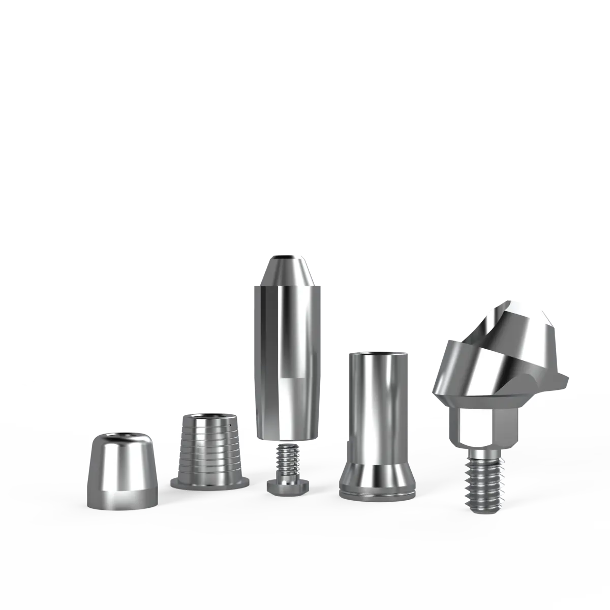 Surcam screw-retained multi-unit trial kit with angular abutment, analog, open-tray transfer, healing cap, and titanium sleeve