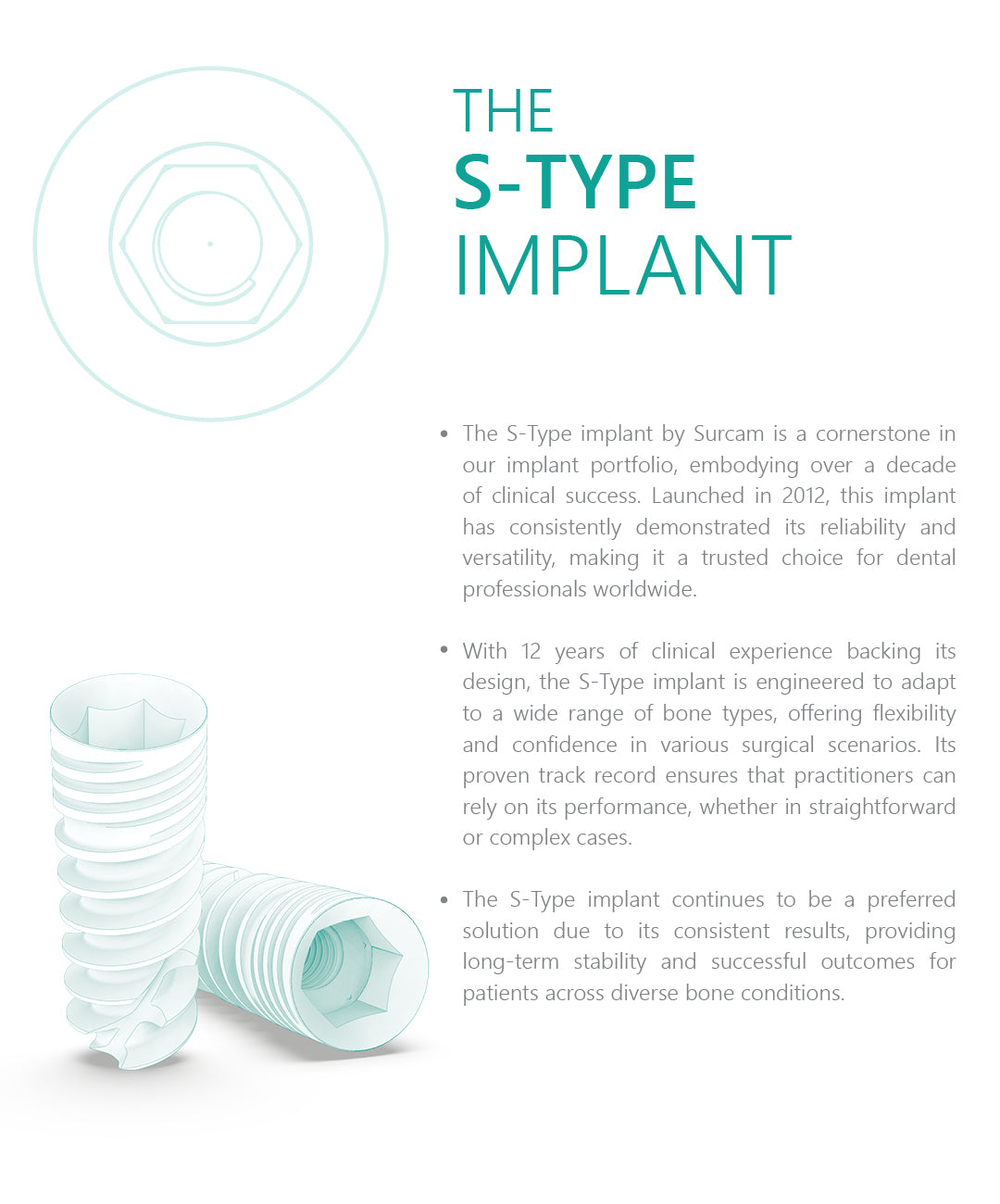 S-Type implant Ø3.3–5.0, lengths 8–16 mm with anchoring apex details