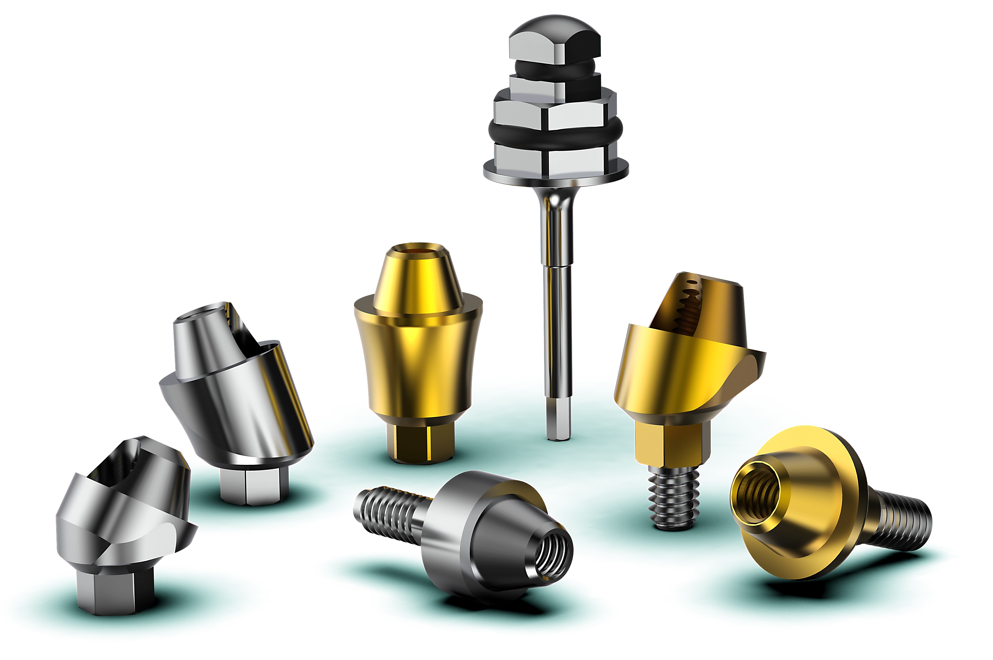 Prime Multi-Unit abutment system with PVD-coated components, screws, and angled abutments optimized for All-on-Four full-arch restorations.