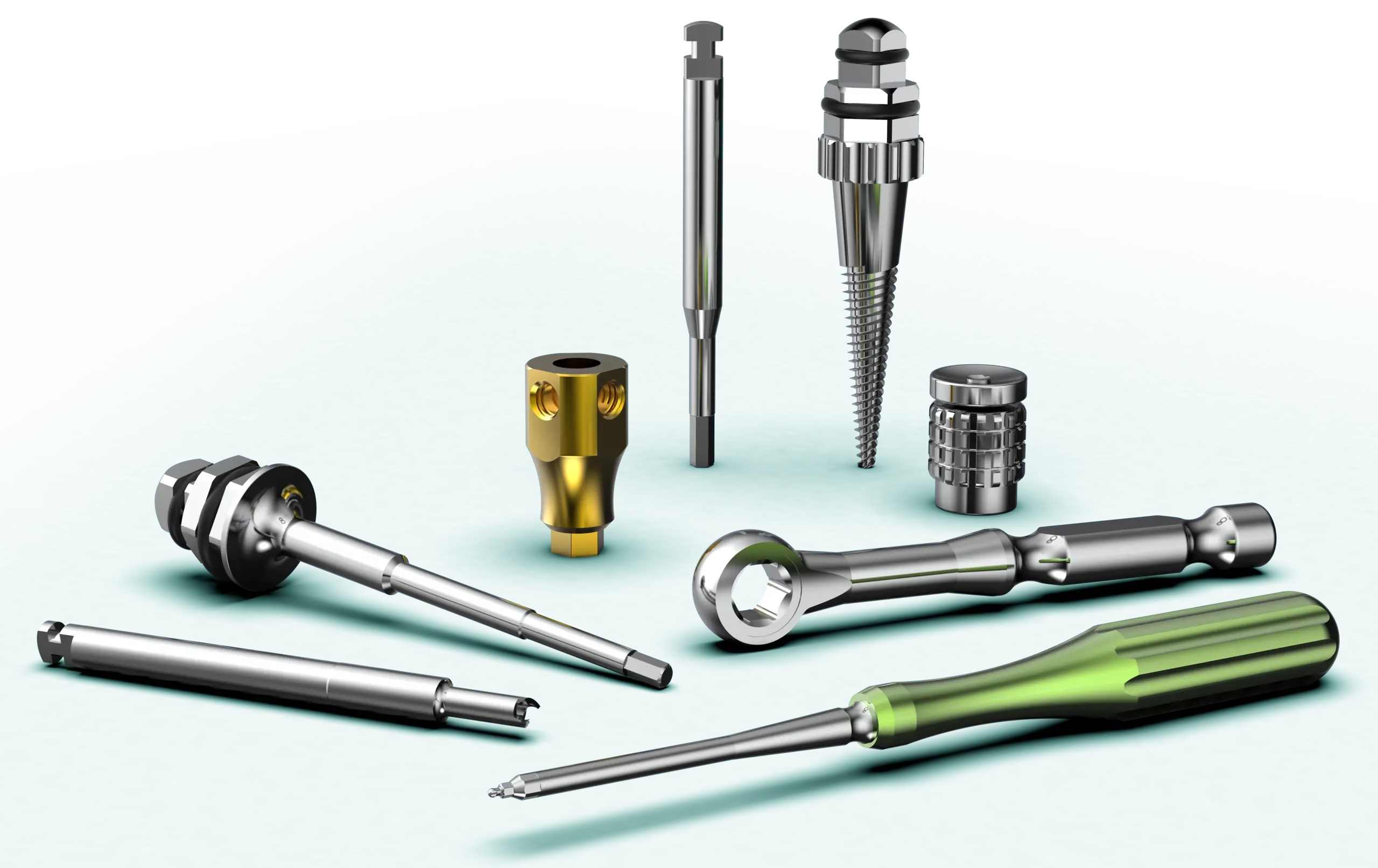 Dental implant tools and accessories including surgical drills, torque wrenches, drivers, and kits designed for precision and reliability in implantology.