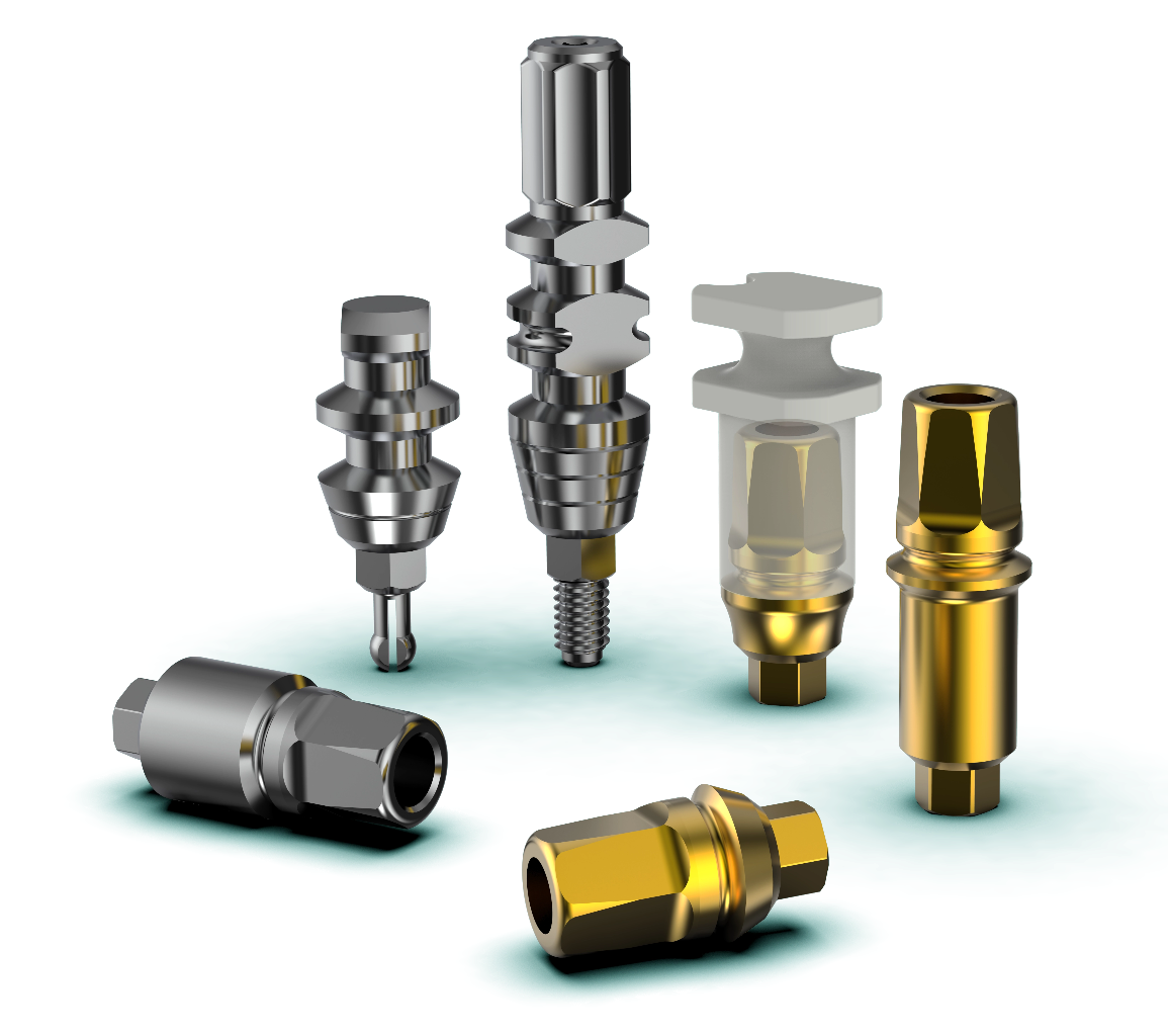 Internal Hex implant transfers and analogs for accurate impressions and model fabrication, ensuring precise seating and restorative alignment in dental implant workflows.