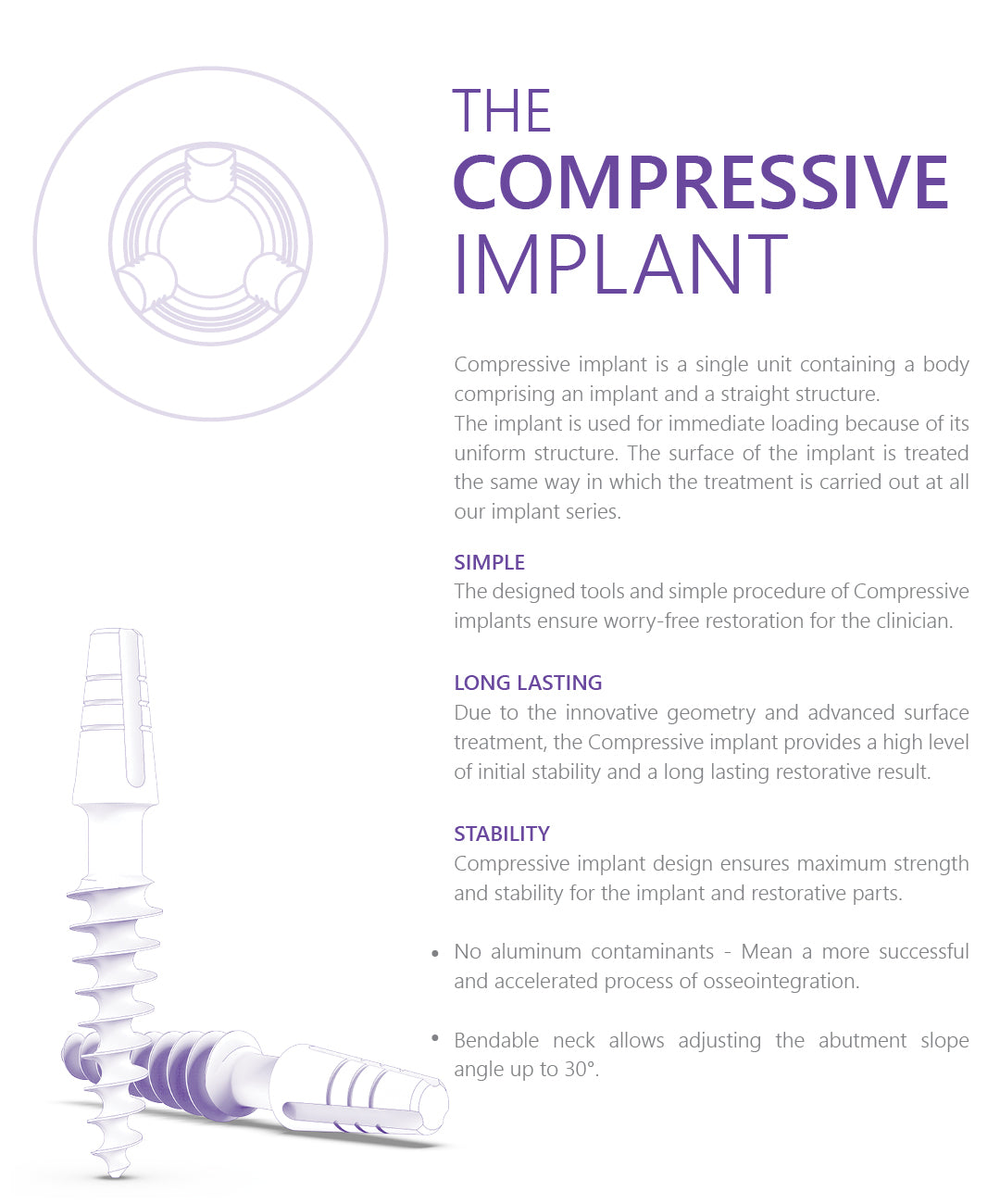 Compressive implant with bendable neck up to 30 degrees