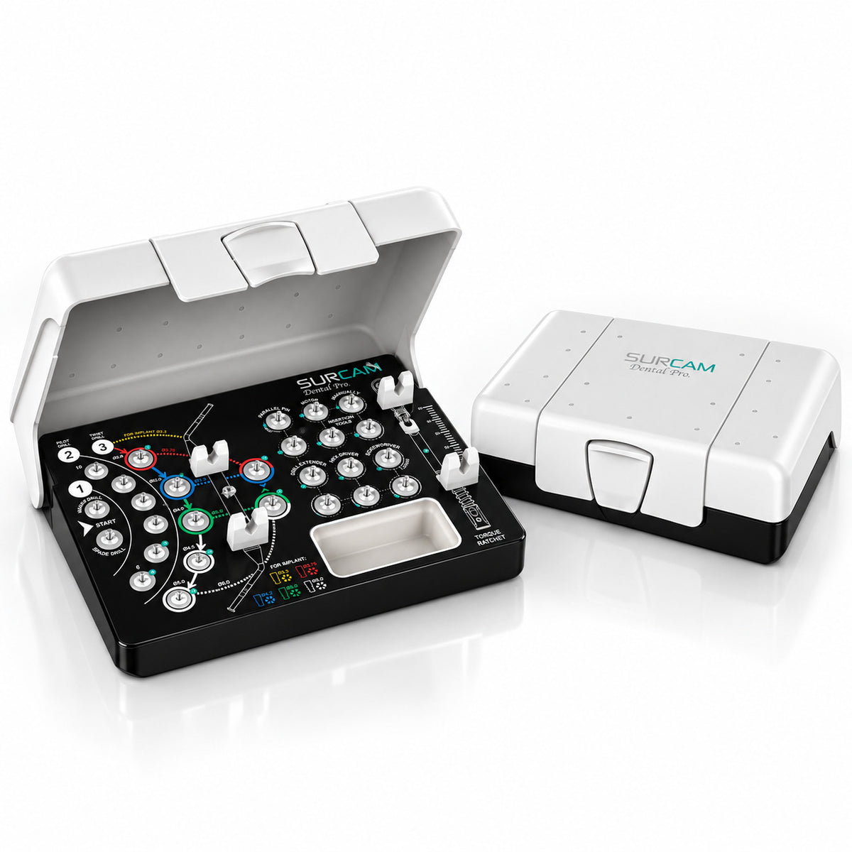 Surcam dental implant surgical kit SGK-400106: open cassette with color-coded drill tray, and closed case