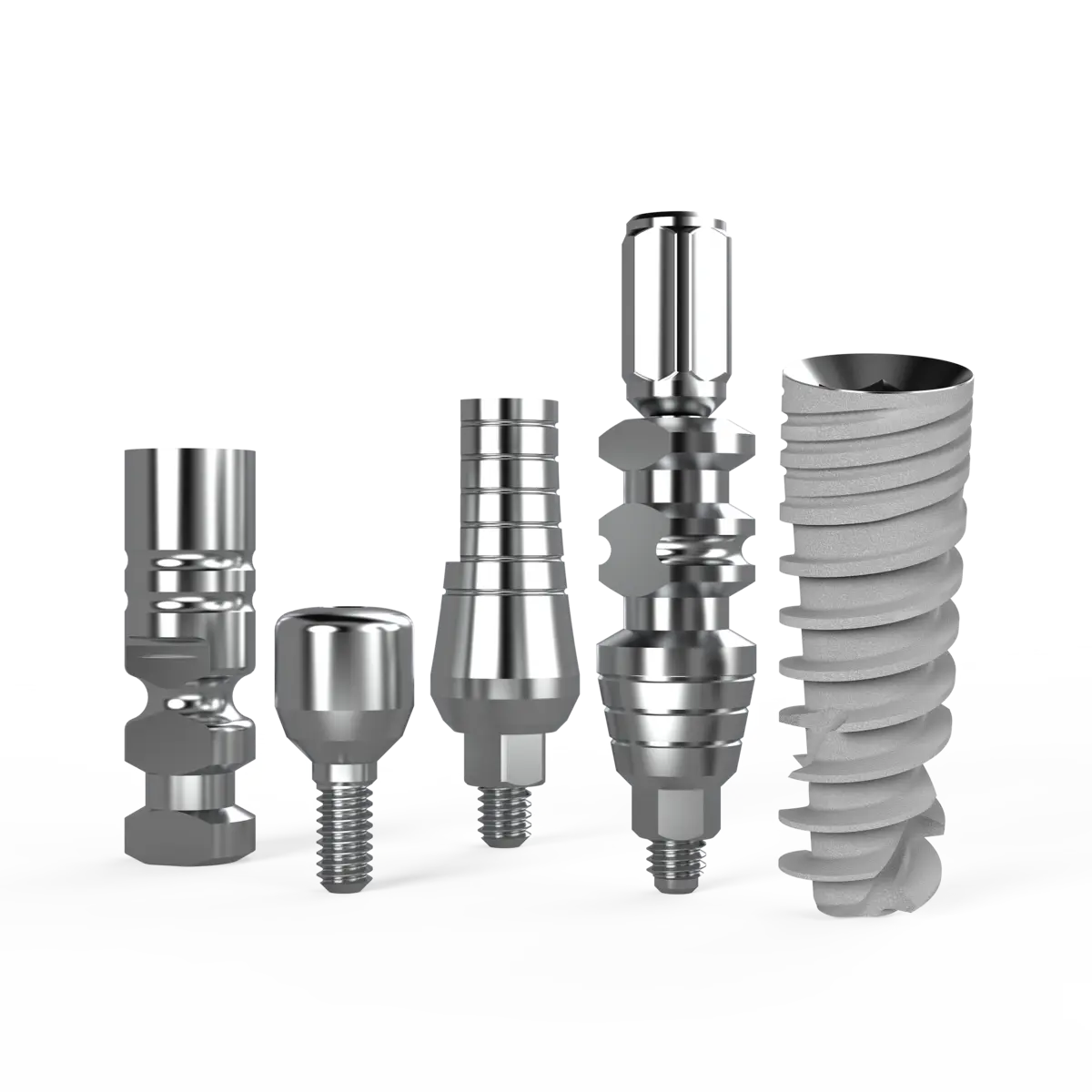 Surcam dental implant cemented restoration trial kit with implant, straight abutment, healing cap, impression coping, and analog