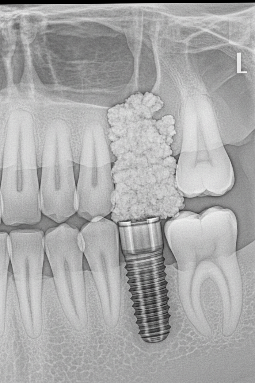 Follow-up radiograph — Single tooth, soft posterior maxilla — U-Type staged to immediate provisional