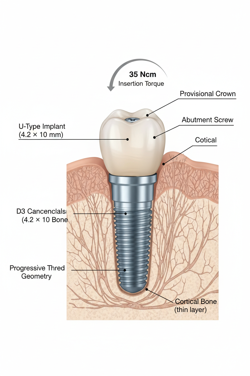 Implant placement — Single tooth, soft posterior maxilla — U-Type staged to immediate provisional