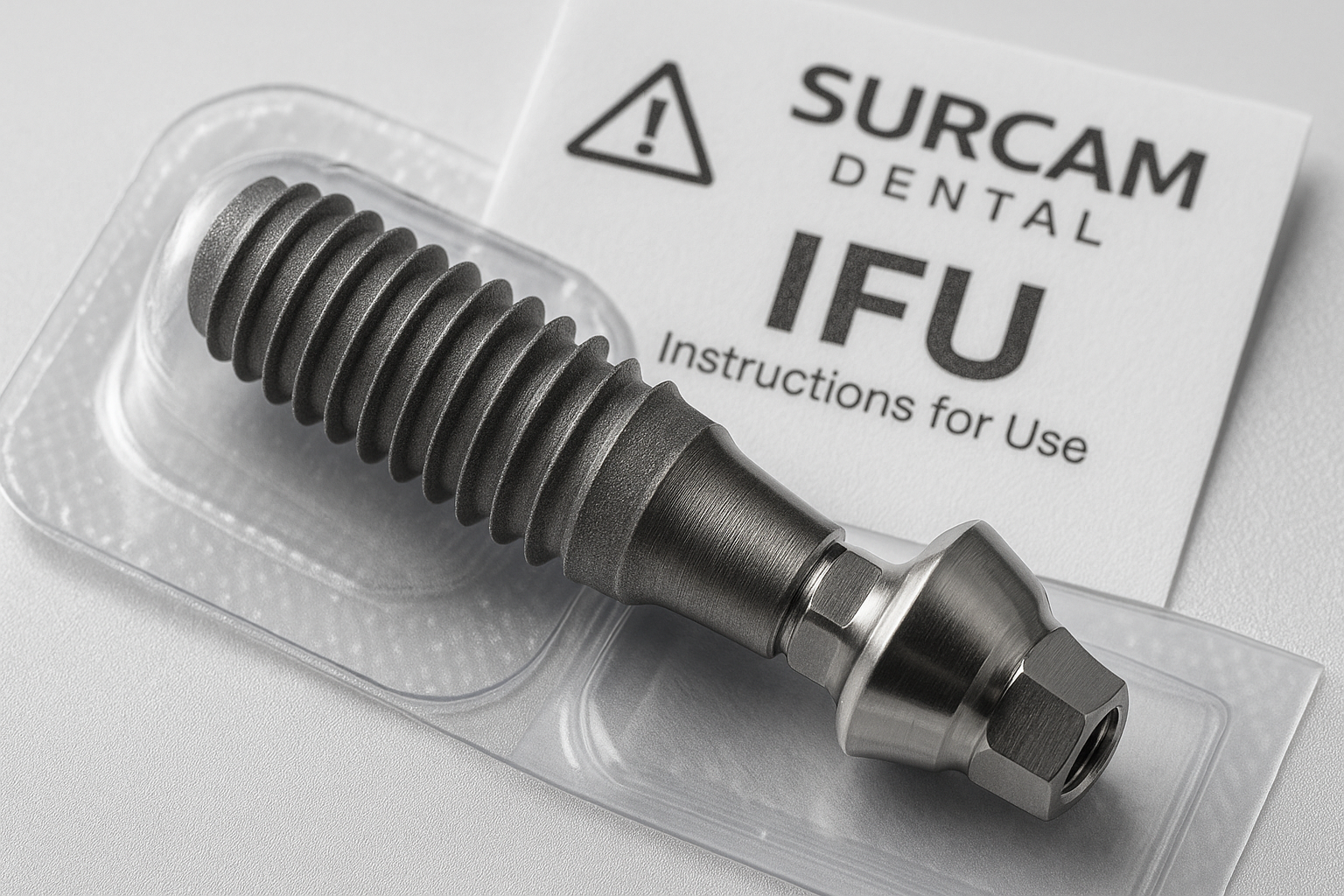 Theme: Clean • Sterile • FactualColor Palette: Neutral silver gradient (#E6E6E6 → #FFFFFF)Aspect: Macro or product close-upPrompt:Macro close-up of titanium dental implant and abutment on white-silver background, fine detail on threads and surface texture, sterile packaging and IFU sheet partially visible, sharp lighting with medical precision, minimal shadows, ISO 13485 manufacturing tone, realistic high-detail studio photography, Surcam Dental branding style.