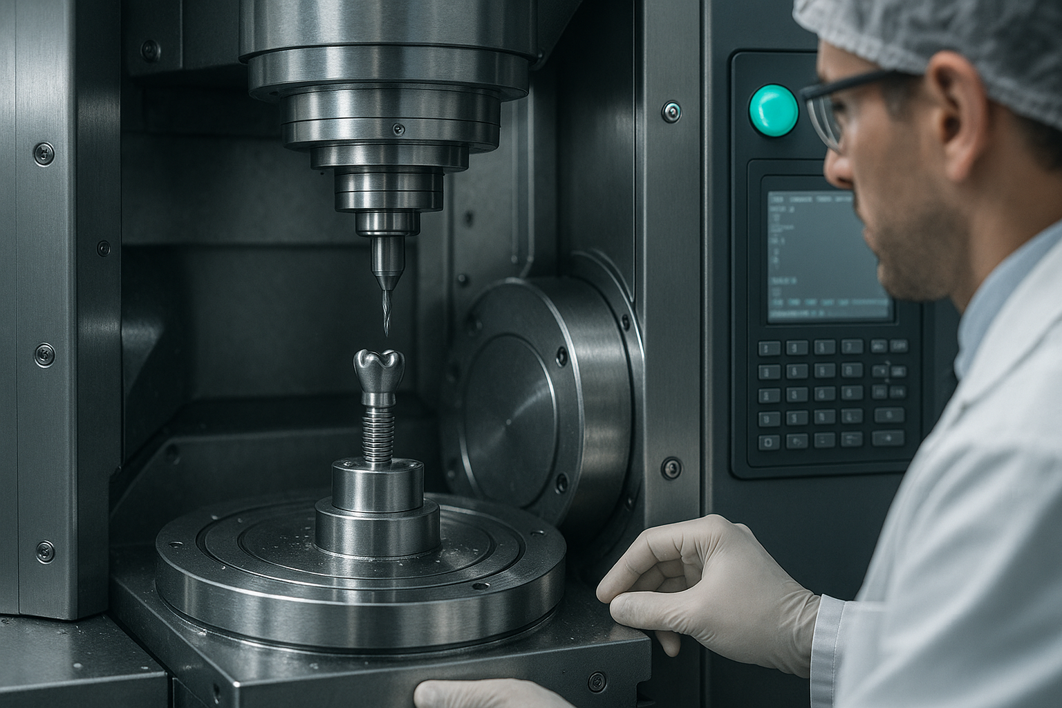 Theme: Industrial • AuthenticColor Palette: Metallic gray + teal accent (#04B9A4)Aspect: Horizontal or mid-close-up manufacturing shotPrompt:Clean-room manufacturing environment showing CNC machine milling titanium dental implant components, metallic reflections, teal control lights, operator in white lab coat and gloves partially visible, sterile workspace, medical-grade precision, ISO 13485 aesthetic, Surcam Dental tone.