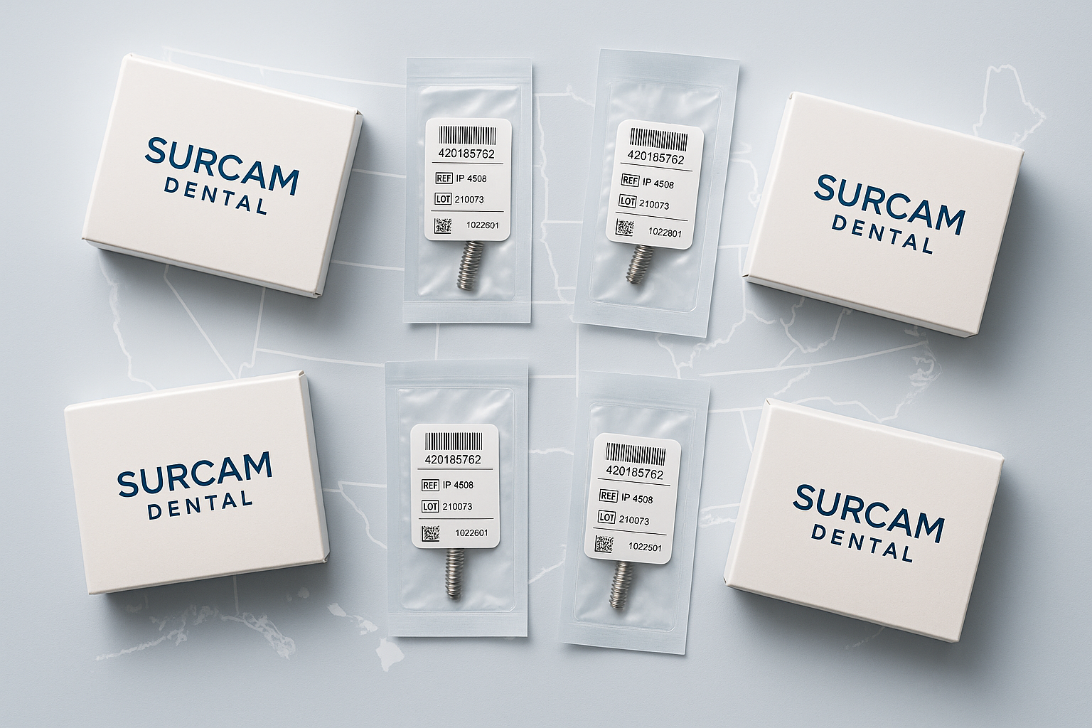 Theme: Logistical • Efficient • Nationwide supplyColor Palette: Blue-gray gradient (#F3F7FA → #DDE8EE)Aspect: Perspective flat-lay (top-down or angled)Prompt:Flat-lay of packaged Surcam Dental boxes and sterile implant pouches with printed barcodes and lot tracking labels, clean logistics setup, blue-gray background, subtle US delivery map overlay, professional lighting, minimal modern medical aesthetic, Surcam Dental fulfillment branding style.