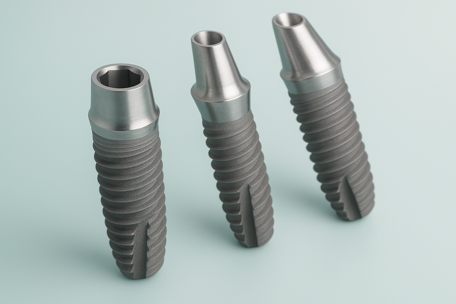Theme: Technical • DetailedColor Palette: Light teal (#E7F9F8 / #EAF5FA)Aspect: Balanced product composition (3:2)Prompt:Three types of dental implants arranged diagonally on a light teal gradient background, internal hex and conical connection styles, precise titanium machining detail, realistic depth of field, clean modern dental catalog aesthetic, professional studio lighting, Surcam Dental style.